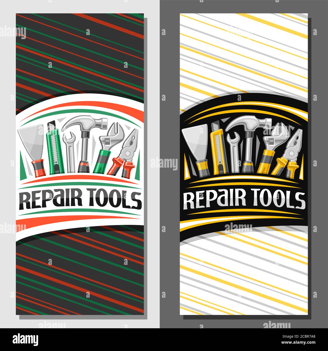 Vector layouts for Repair Tools, decorative leaflet with illustration of different yellow rubber and steel repair tools, art design brochure with uniq Stock Vector