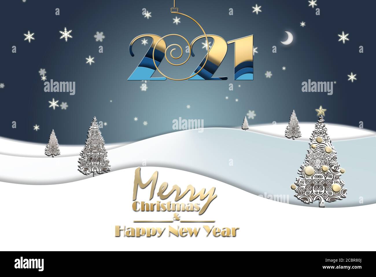 21 New Year Elegant Greeting Landscape With Shining Gold Christmas Trees Made Of Snowflakes On Blue Background And Hanging Gold Digit 21 Text Merry Christmas Happy New Year 3d Illustration Stock Photo Alamy