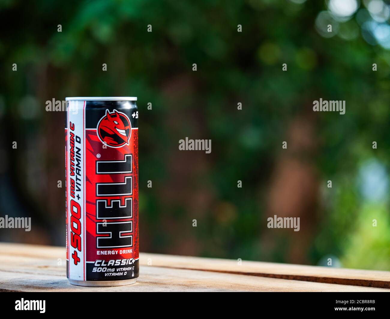 In this photo illustration a Hell Energy Drink can seen displayed on a