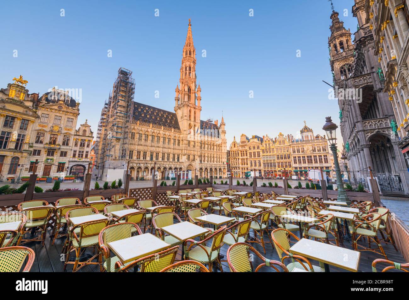 Grand Place, Brussels, Belgium with the Town Hall and cafe seating. Stock Photo