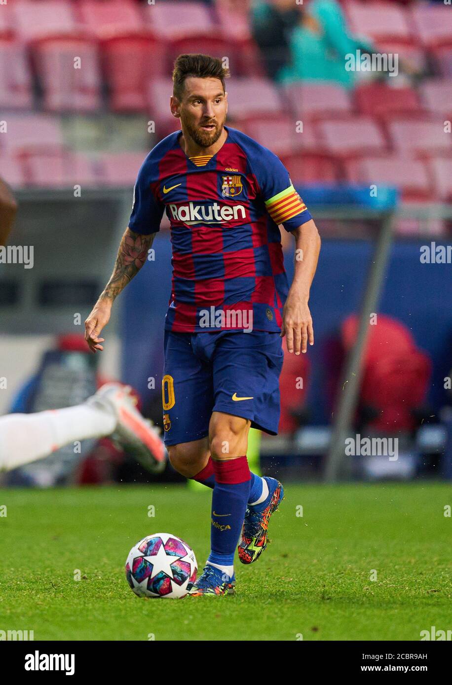 Lisbon, Lissabon, Portugal, 14th August 2020. Lionel MESSI, Barca 10 with  ball in the quarterfinal UEFA Champions League match final tournament FC  BAYERN MUENCHEN - FC BARCELONA 8-2 in Season 2019/2020, FCB,