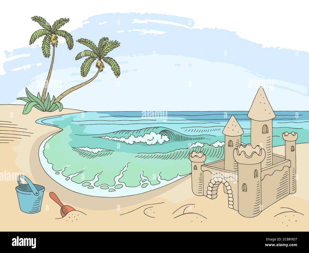 sea coast graphic sand castle color landscape sketch illustration vector 2CBR9D7