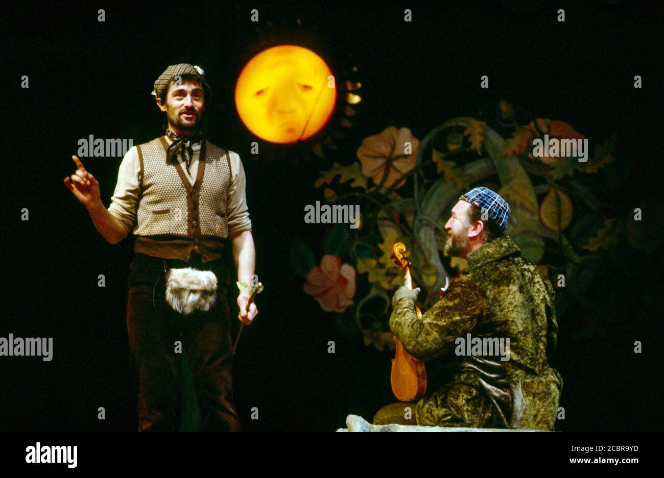 MASQUERADE by Kit Williams adapted & directed by Frank Dunlop music: Rod Argent set design: Alan Pickford costumes: Annena Stubbs lighting: John B. Read choreography: Arlene Phillips  l-r: Roger Rees (Jack Hare), Robert Lang (The Frog) The Young Vic, London SE1 05/03/1982 (c) Donald Cooper Stock Photo