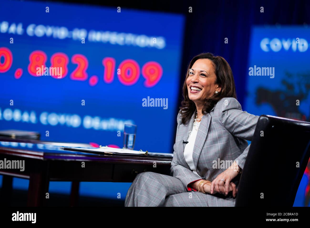 WILMINGTON, DELAWARE, USA - 13 August 2020 - US VIce Presidential candidate with Joe Biden, Kamala Harris talks at the State of COVID-19 briefing in W Stock Photo