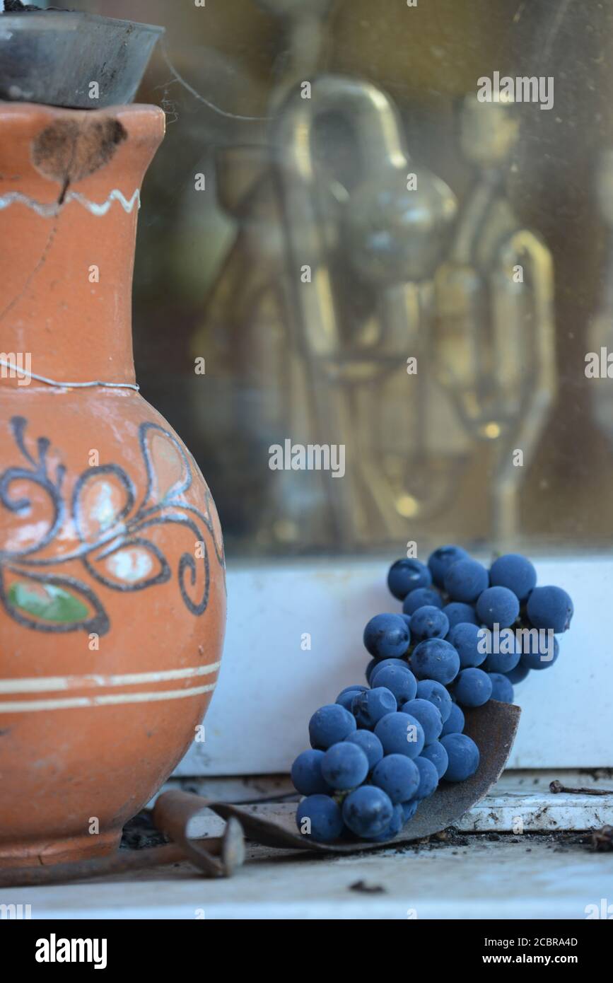 Red grape, clay pot and winemaking syphon Stock Photo