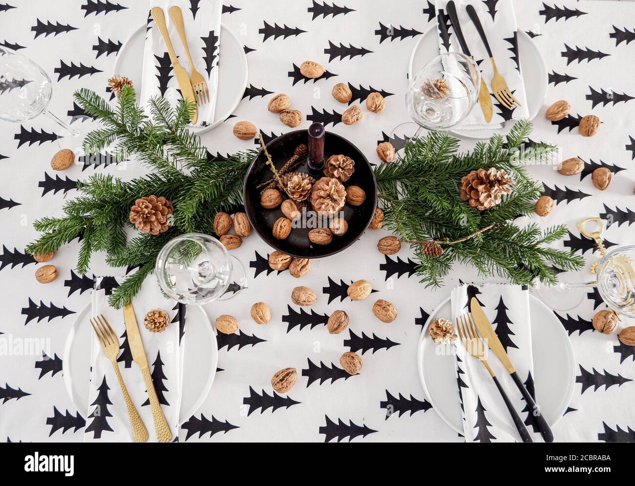 Christmas table with a fir tree pattern tablecloth UK & IRISH RIGHT ONLY Stock Photo