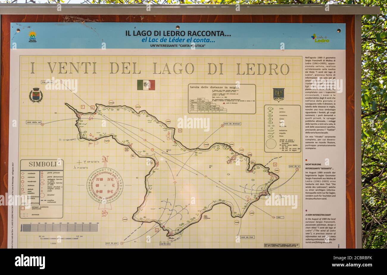 Information panels, signs and map at Lake Ledro, Valle di Ledro in Trentino Alto Adige, northern Italy Stock Photo