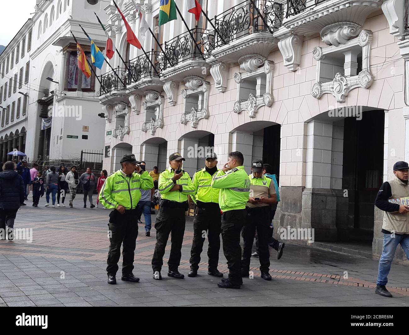 Ecuadorian local police patrolling at city centre streets. Quito / Ecuador. Stock Photo