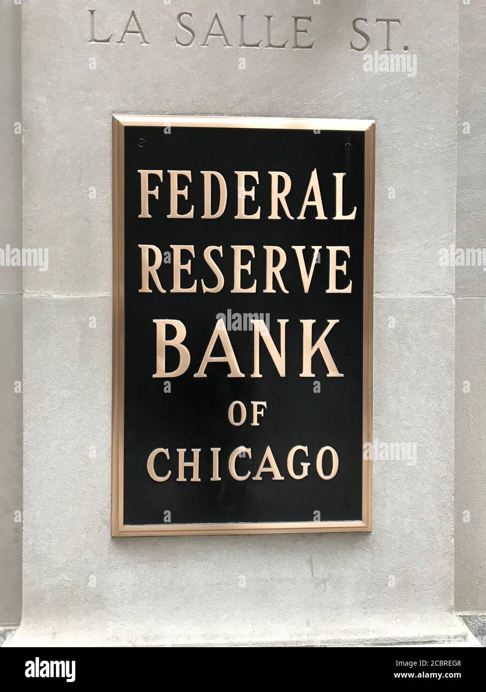 Federal Reserve Bank of Chicago sign on building. Chicago, Illinois / United States. Stock Photo