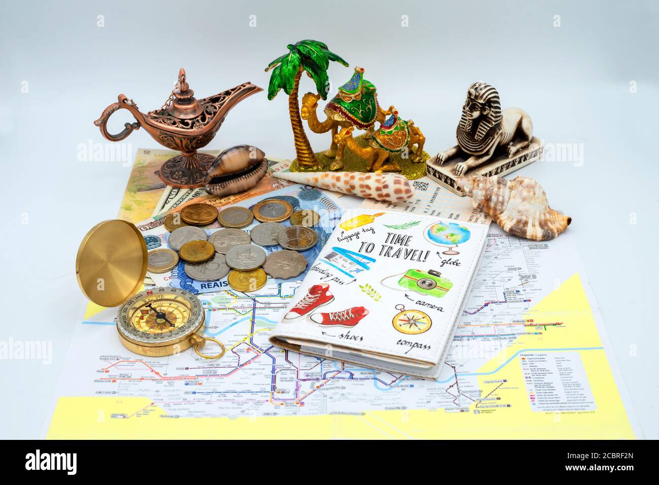 A set of souvenirs from different countries of the traveler Stock Photo