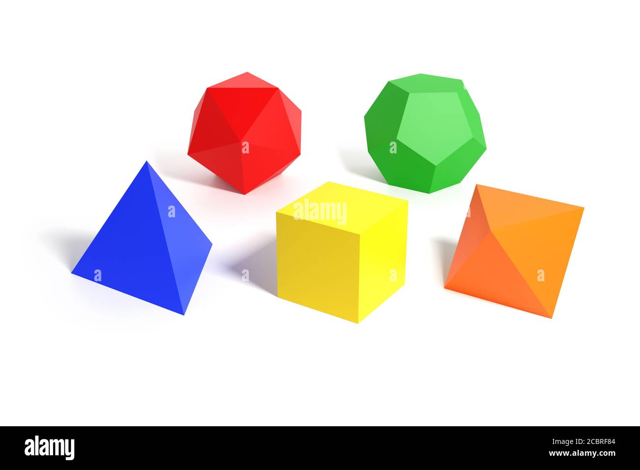 Platonic solids. Tetrahedron, hexahedron, octahedron, dodecahedron and icosahedron of different colors isolated on a white background. 3d illustration Stock Photo