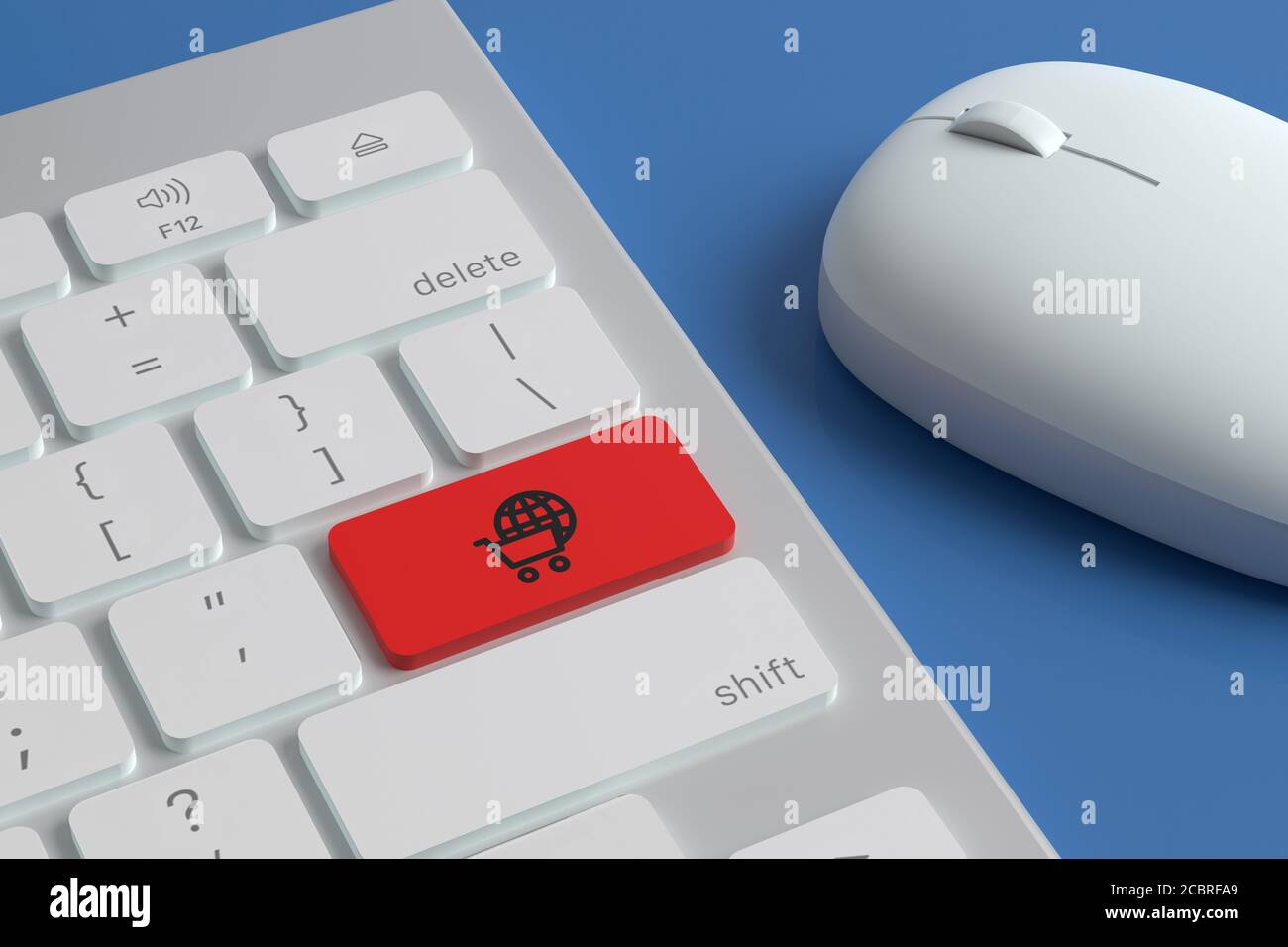 Computer keyboard with the 'e-commerce' icon on a key next to a mouse. 3d illustration. Stock Photo