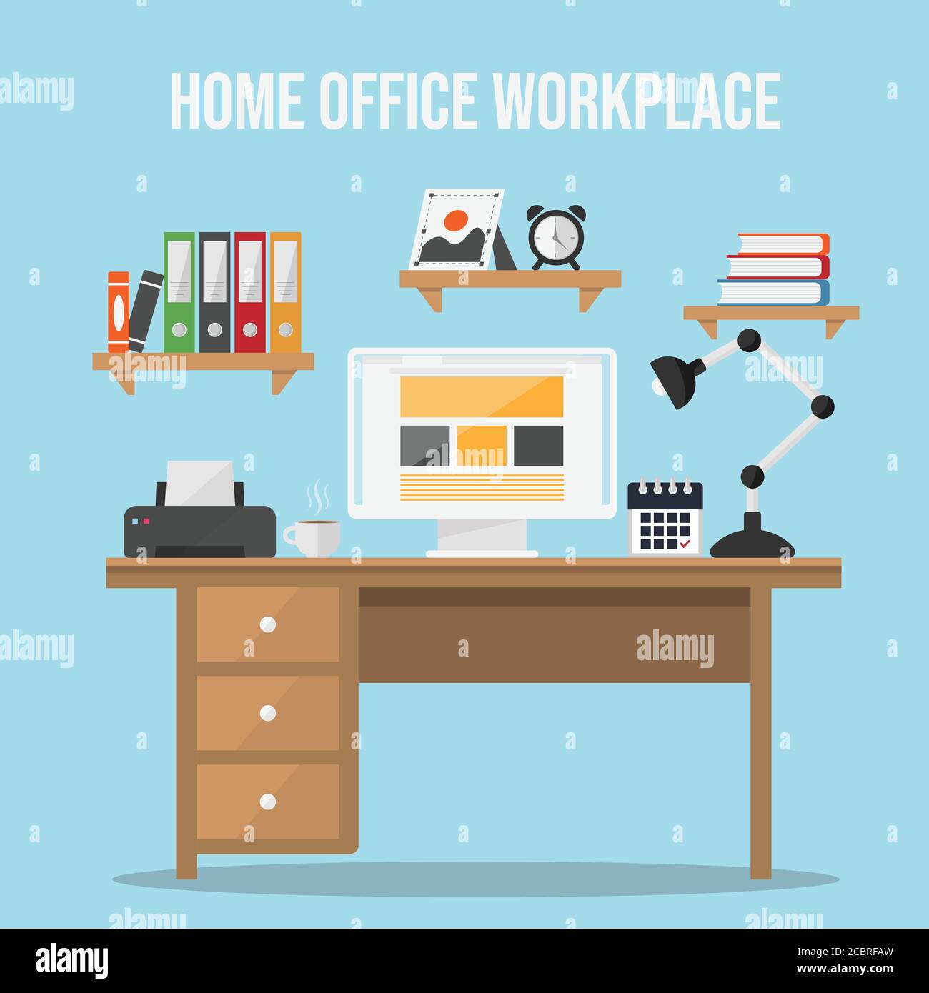Home office workplace flat vector image. Workspace. Home office interior. Stylish home or studio. workplace of student with computer. Vector Flat desi Stock Vector