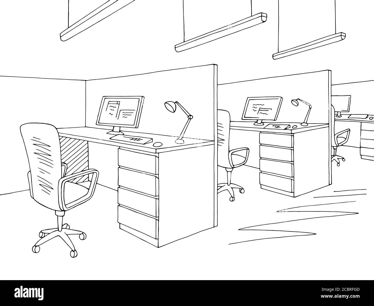 Office graphic black white interior sketch illustration vector Stock