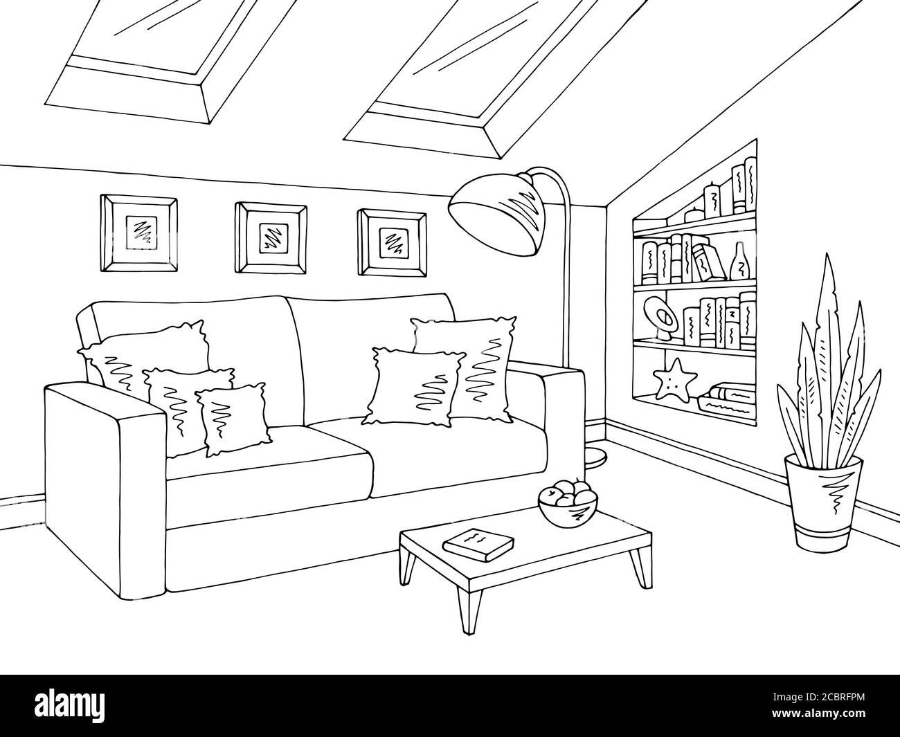 Attic living room graphic black white home interior sketch illustration vector Stock Vector