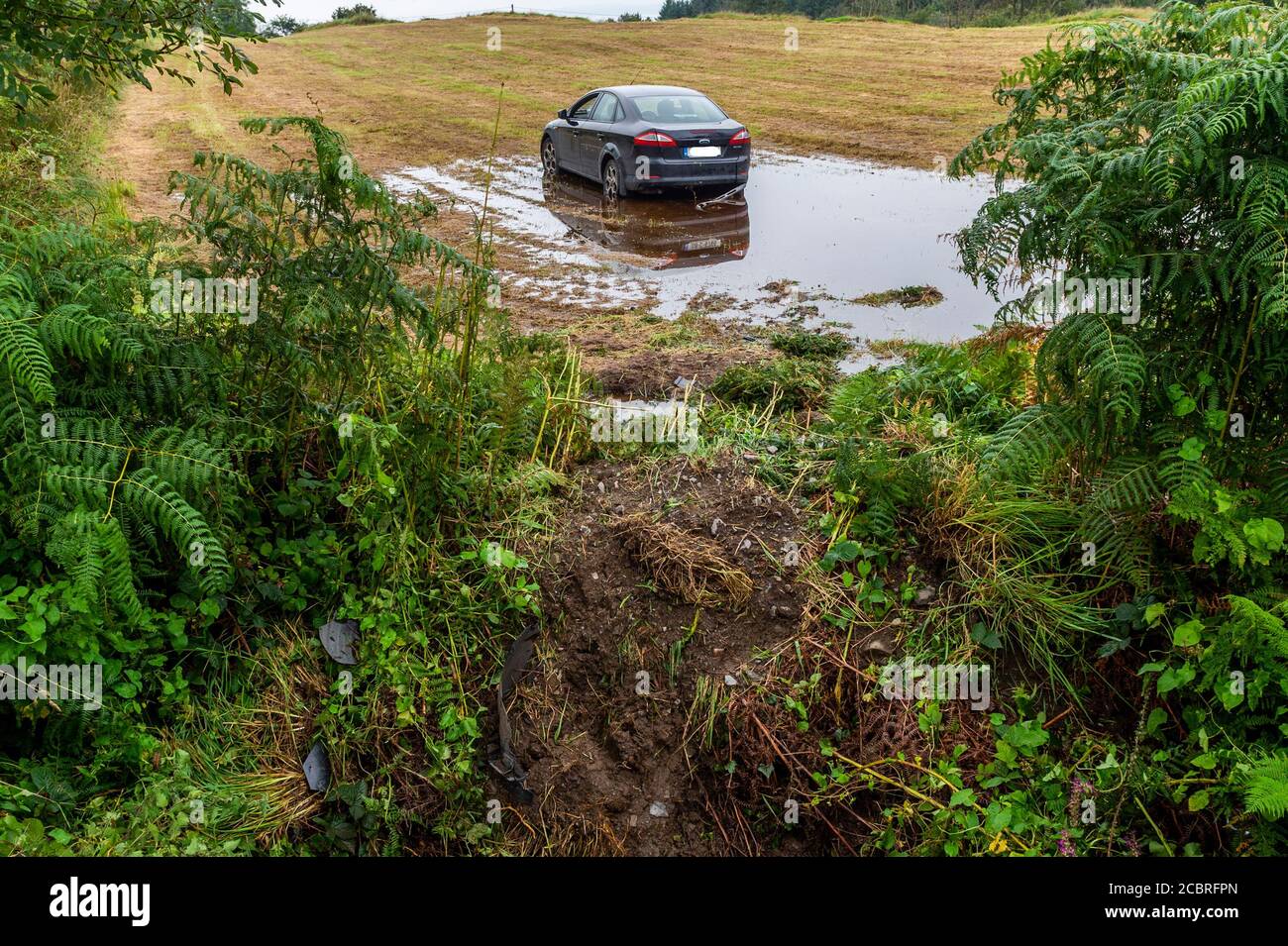 Bantry, West Cork, Ireland. 15th Aug, 2020. A car crashed into a field near Bantry overnight, jumping a 10ft ditch in the process. The car veered off the road, over a ditch, through a fence and came to rest in a pool of water inside the field. The driver wasn't to be seen when this picture was taken. Credit: AG News/Alamy Live News Stock Photo