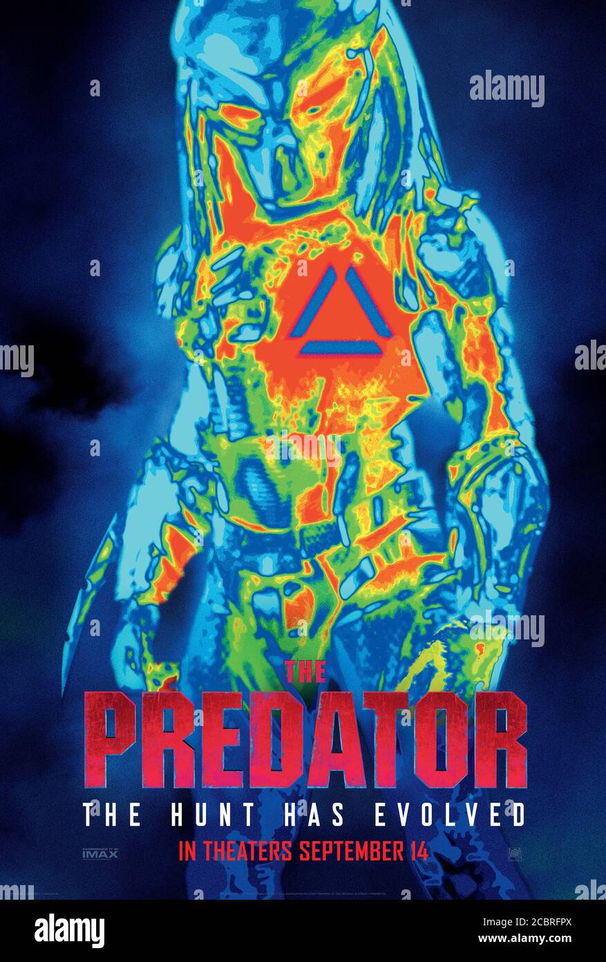 The Predator (2018) directed by Shane Black and starring Boyd Holbrook, Trevante Rhodes, Jacob Tremblay and Olivia Munn. Genetically improved predators return to Earth. Stock Photo