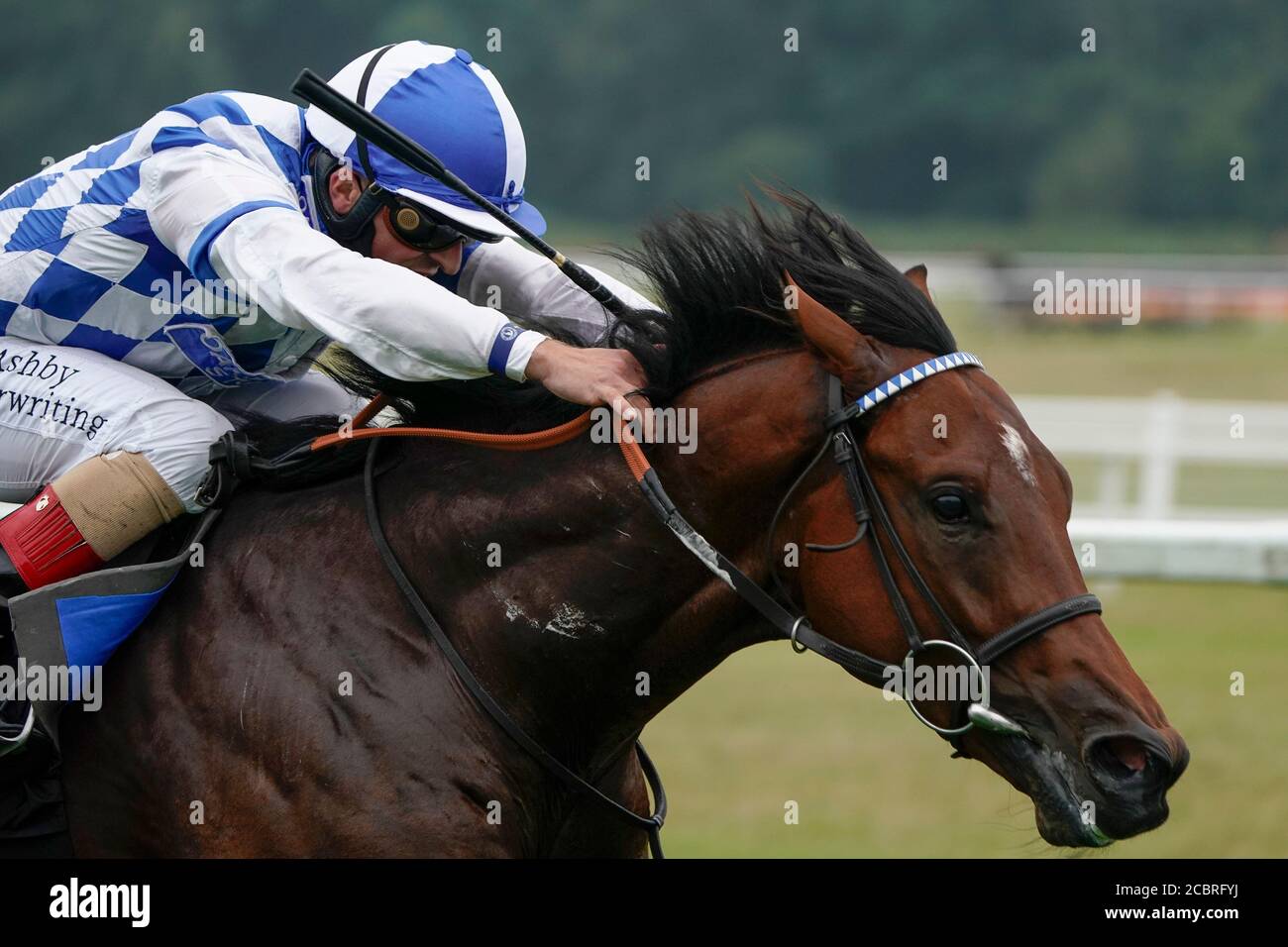 Saint Lawrence ridden by Andrea Atzeni The Denford Stakes at Newbury Racecourse. Stock Photo