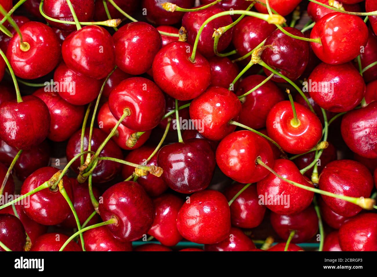 A Lot Of Red Cherries Fresh Ripe Sweet Cherries With Green Stems Stock Photo Alamy