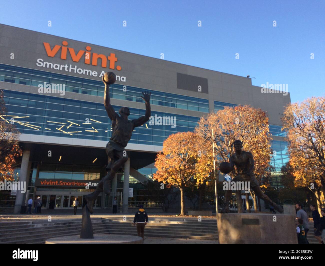 Vivint Smart Home Arena. NBA basketball team Utah Jazz play home games in this arena.  Club legends Karl Malone and John Stockton statues. Stock Photo