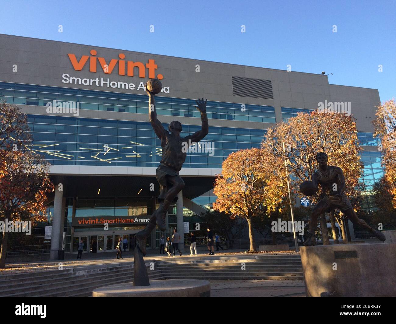 Vivint Smart Home Arena. NBA basketball team Utah Jazz play home games in this arena.  Club legends Karl Malone and John Stockton statues. Stock Photo