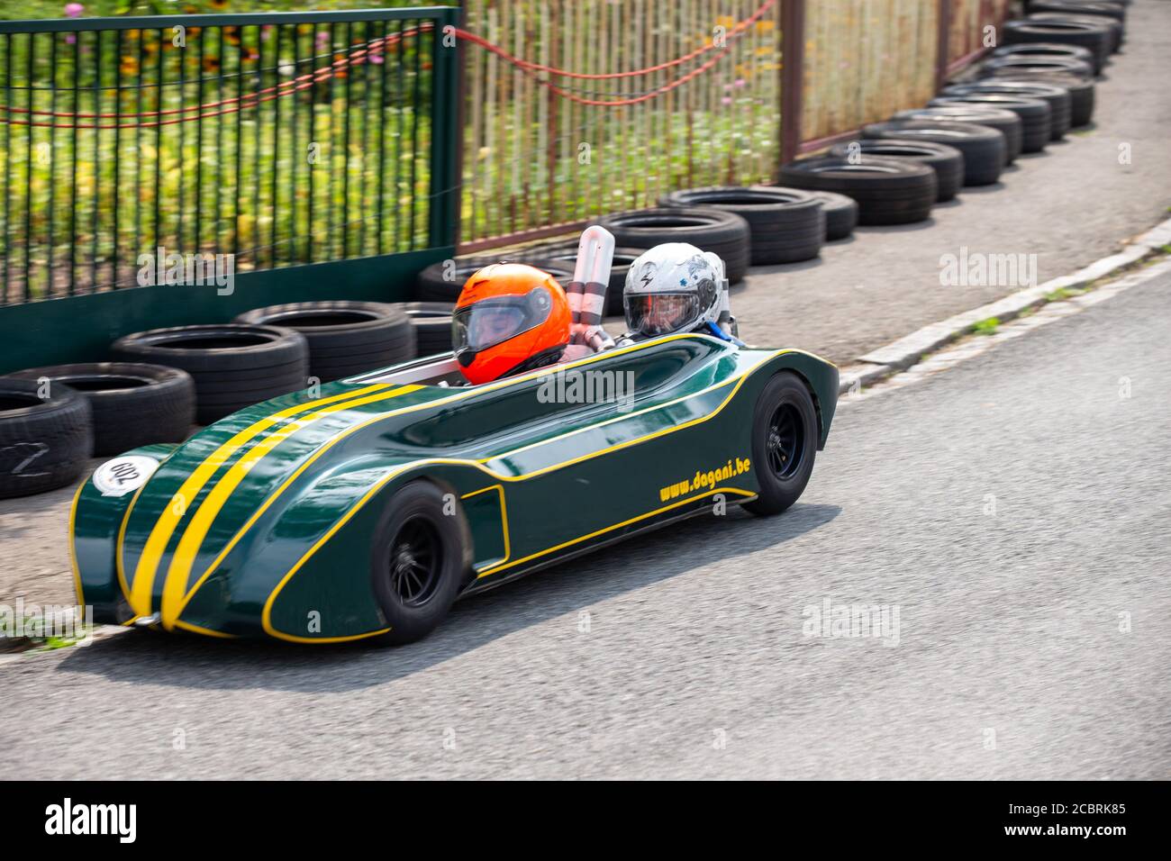 Freital, Germany. 15th Aug, 2020. 11th German Soapbox Racing Championships in Freital, Saxony. David Tack, soapbox name: no name, aces, Belgium. A good 80 drivers take part in the race in the rolling soapboxes. Credit: Daniel Schäfer/dpa-Zentralbild/dpa/Alamy Live News Stock Photo