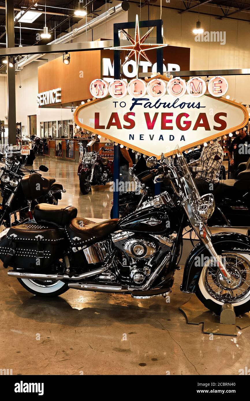 Las Vegas Sign and Promotional Harley-Davidson motorcycle at Harley Davidson  Motorcycle Dealership & Store Las Vegas Stock Photo - Alamy