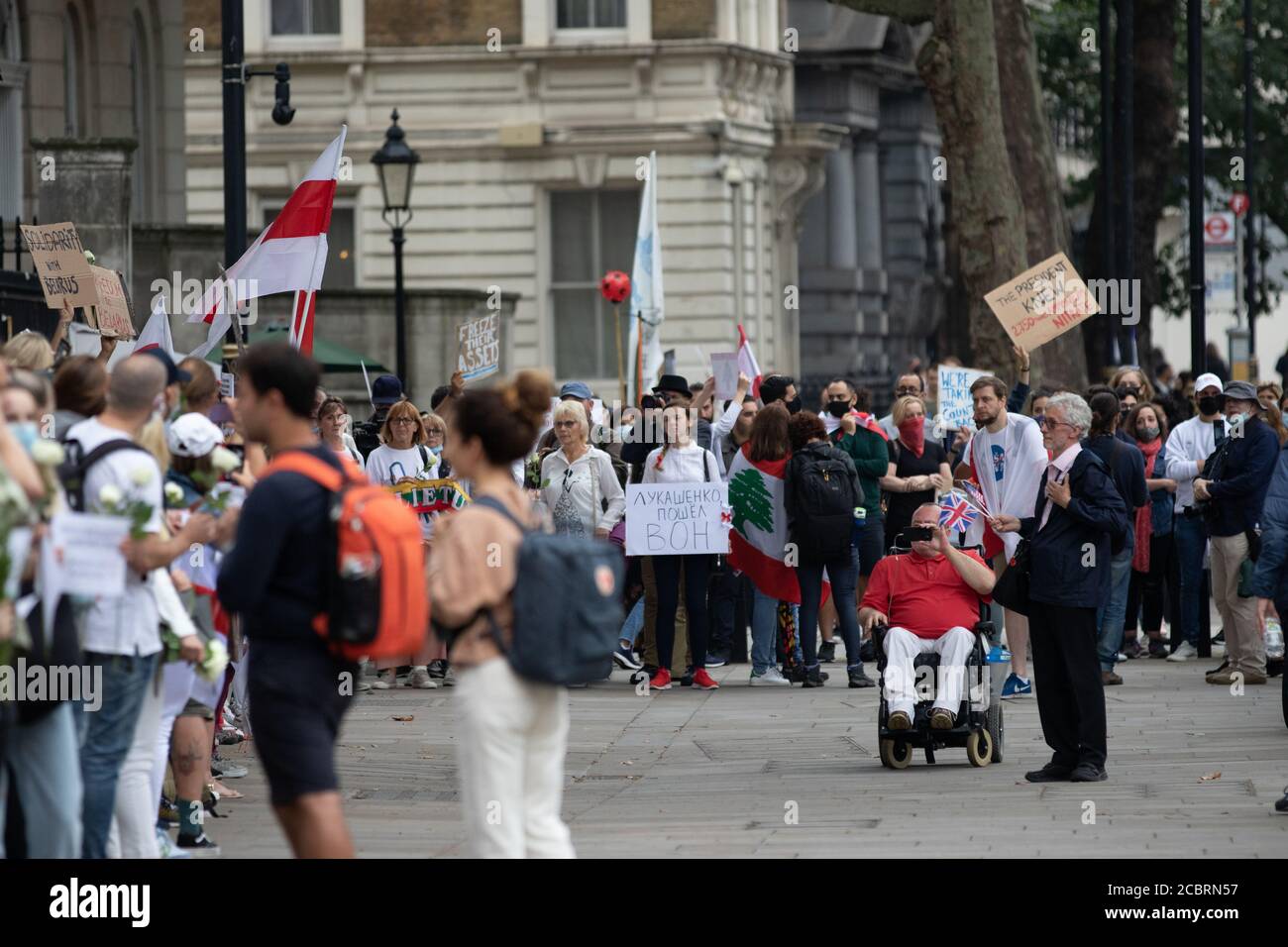 London, UK. 15th August, 2020. People hold a protests in Whitehall against corruption in the Lebanese and Belarusian government, following the huge explosion in Beirut and violent clashes in Belarus. Credit: Liam Asman/Alamy Live News Stock Photo