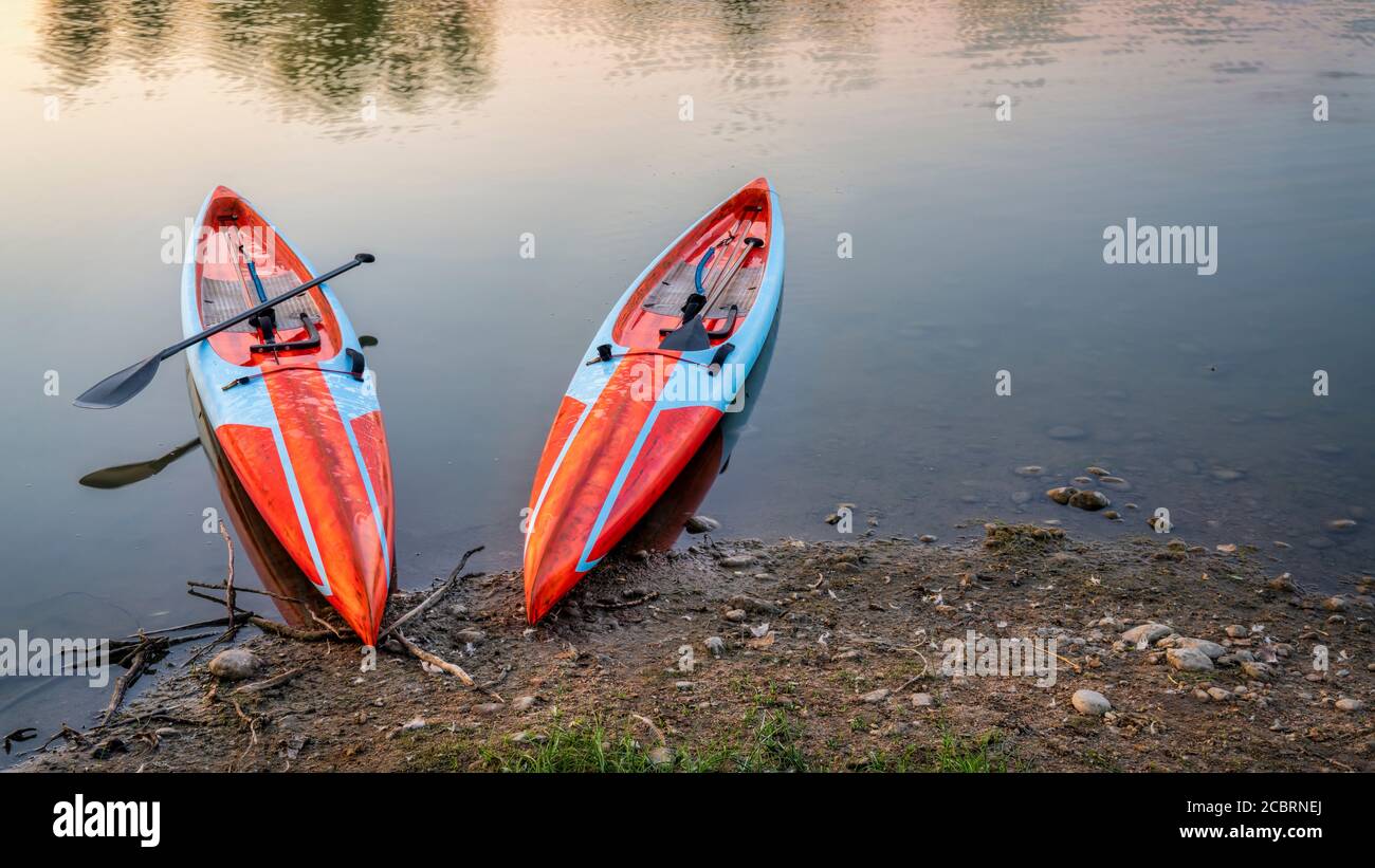 long and narrow racing stand up paddleboards on a shore of a calm lake in Colorado, morning recreation and fitness concept Stock Photo
