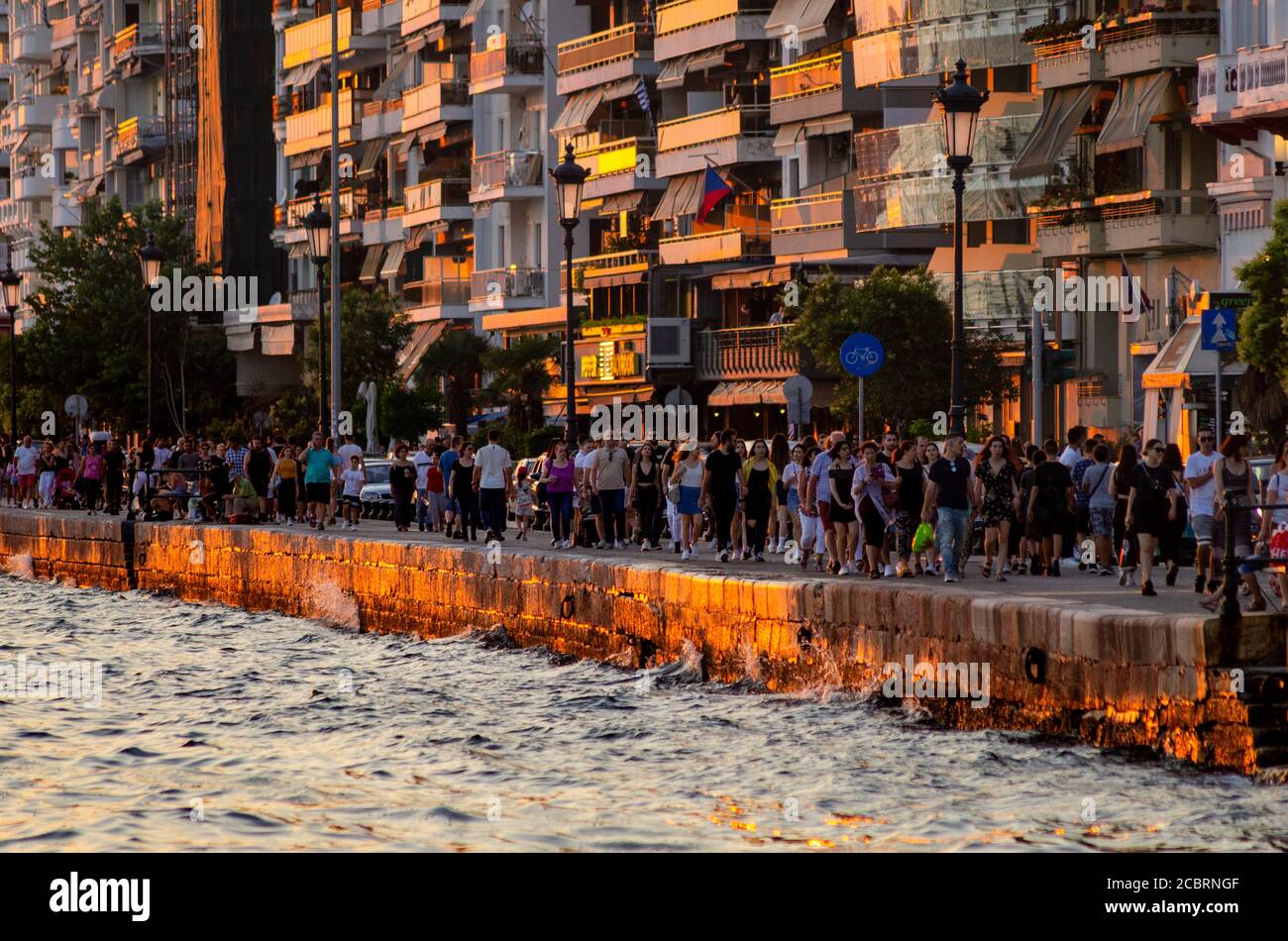 THESSALONIKI, GREECE - 27 June 2020 - A crowded seafront in Thessaloniki, Greece, which has a COVID-19 curfew from 11PM to 7AM for businesses to try a Stock Photo