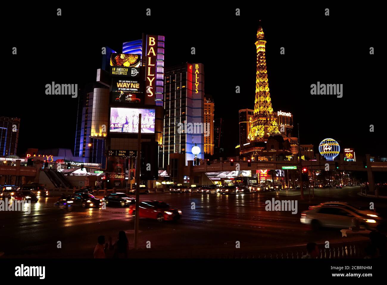 Night Panorama of Las Vegas Boulevard The Strip. Hotels and casinos of Las Vegas gambling capital. Stock Photo