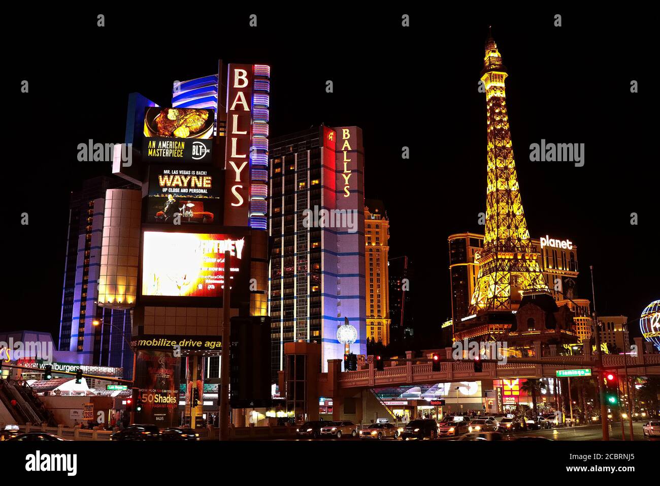 Night Panorama of Las Vegas Boulevard The Strip. Hotels and casinos of Las Vegas gambling capital. Stock Photo