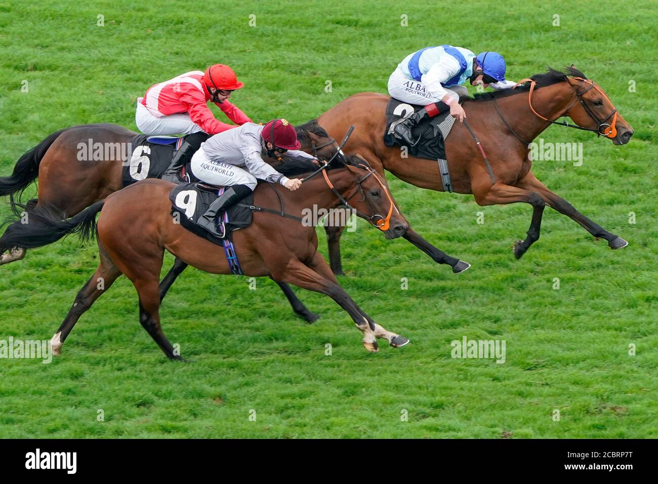 Deise Blue ridden byAdam Kirby (left) win The Unibet Fillies' Novice Stakes at Newbury Racecourse. Stock Photo