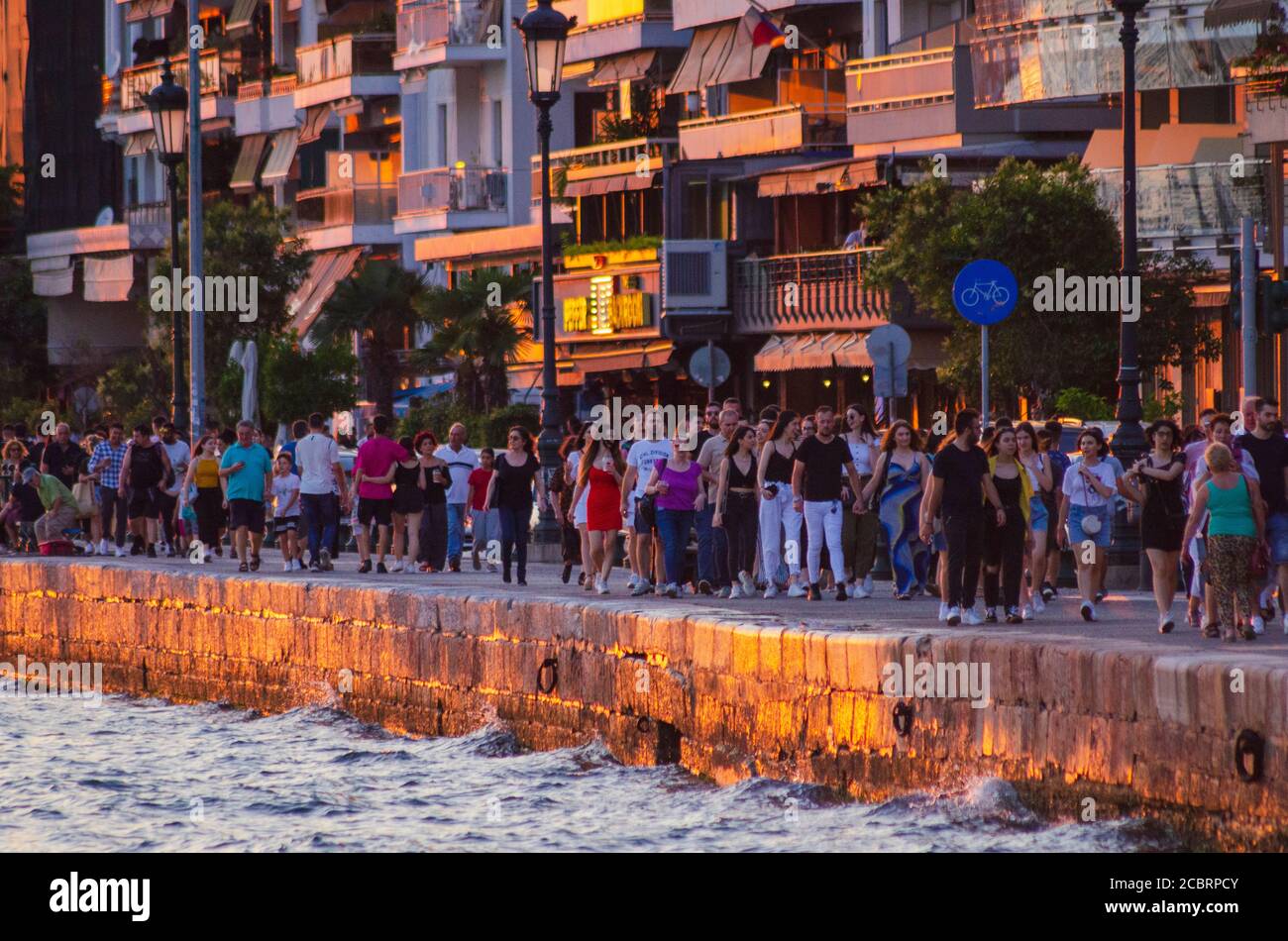 THESSALONIKI, GREECE - 27 June 2020 - A crowded seafront in Thessaloniki, Greece, which has a COVID-19 curfew from 11PM to 7AM for businesses to try a Stock Photo