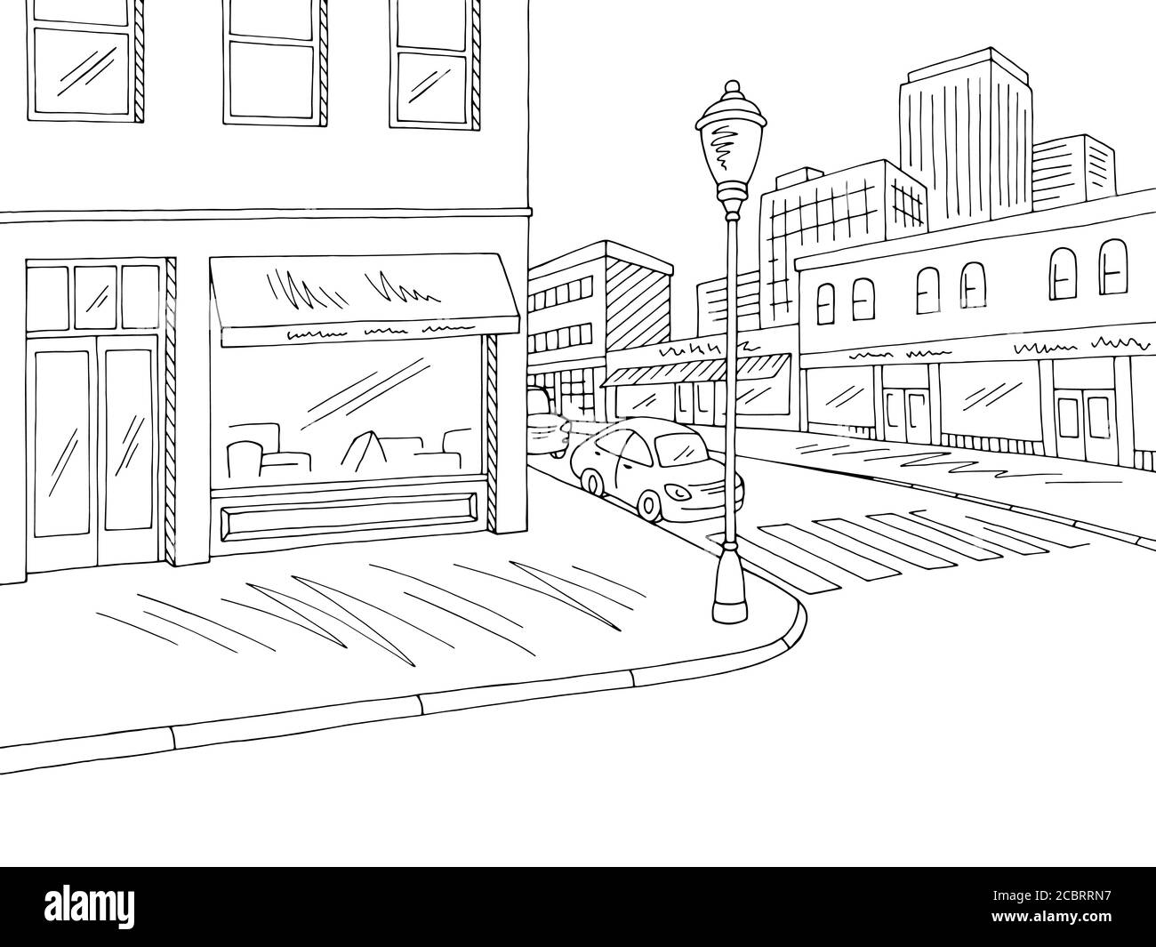 Street road graphic black white crossroad city landscape sketch illustration vector Stock Vector