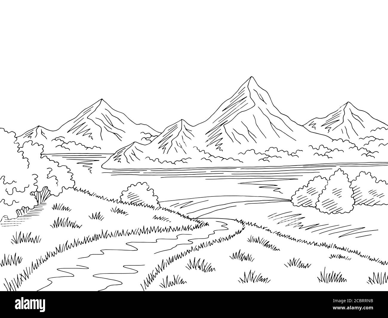 Mountain lake road graphic black white landscape sketch illustration vector Stock Vector
