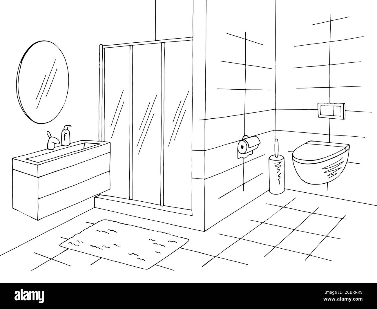 Bathroom graphic home interior black white sketch illustration vector