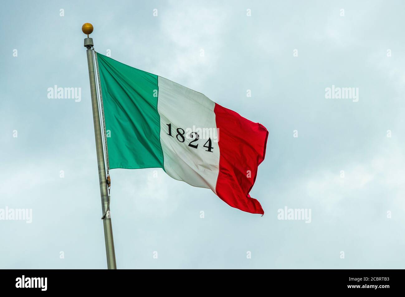 The Alamo Flag, from the Texas Revolution Alamo battle, at Lone Star Monument and Historical Flag Park at Conroe, Montgomery County, Texas. Stock Photo