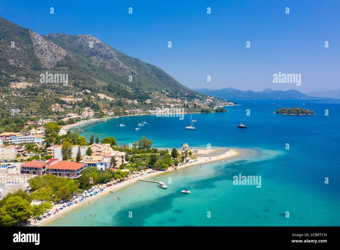 Overlooking Nidri Beach and surrounding coastline, Lefkada, Ionian Islands, Greece Stock Photo