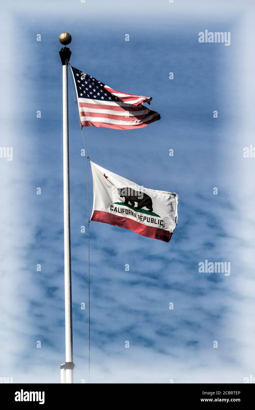 US flag and California Republic Flag at San Diego Old Town State Park, San Diego, California. Stock Photo