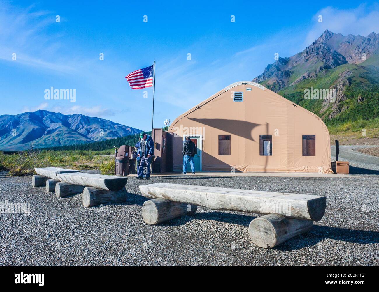 US Flag at Ranger station in Denali National Park in Alaska. Stock Photo