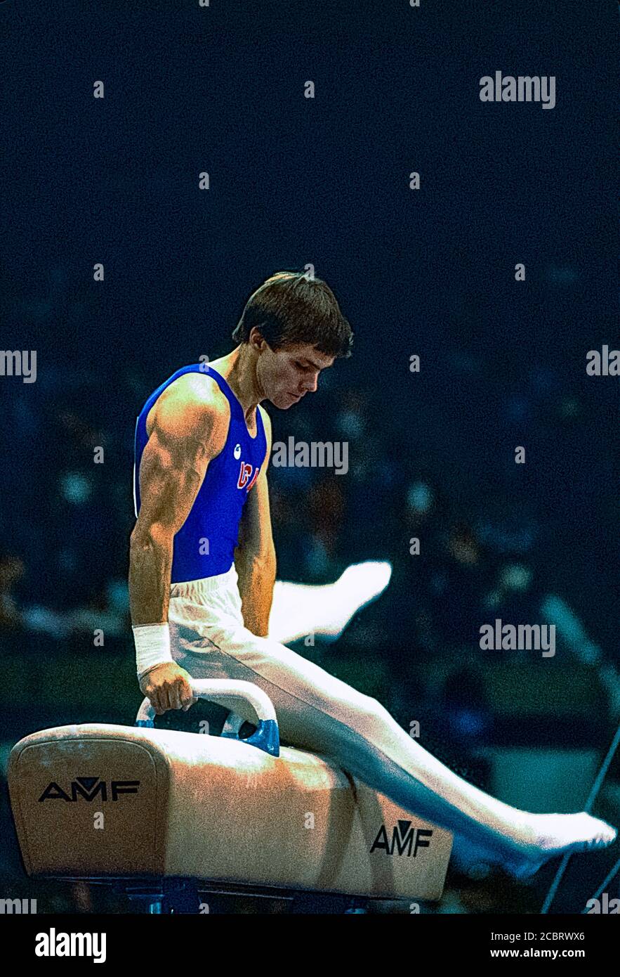 Kurt Thomas (USA) wins the silver medal in the Pommel horse at  the 1979 World Artistic Gymnastics Championships. Stock Photo
