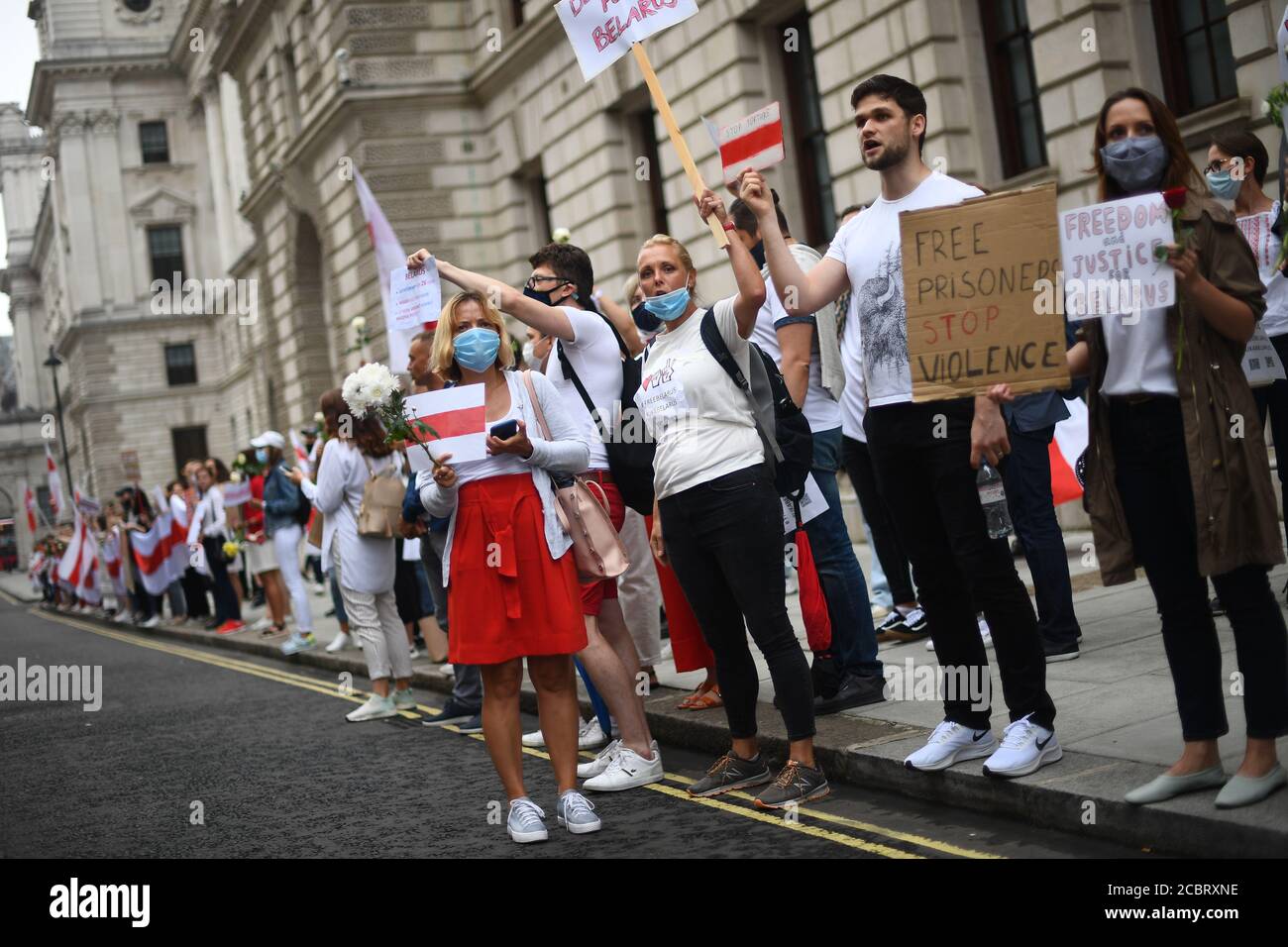 A demonstration outside the Foreign & Commonwealth Office in central London calling for authoritarian President Alexander Lukashenko to resign after 26 years in power following the results of the August 9 Belarus presidential election. Stock Photo