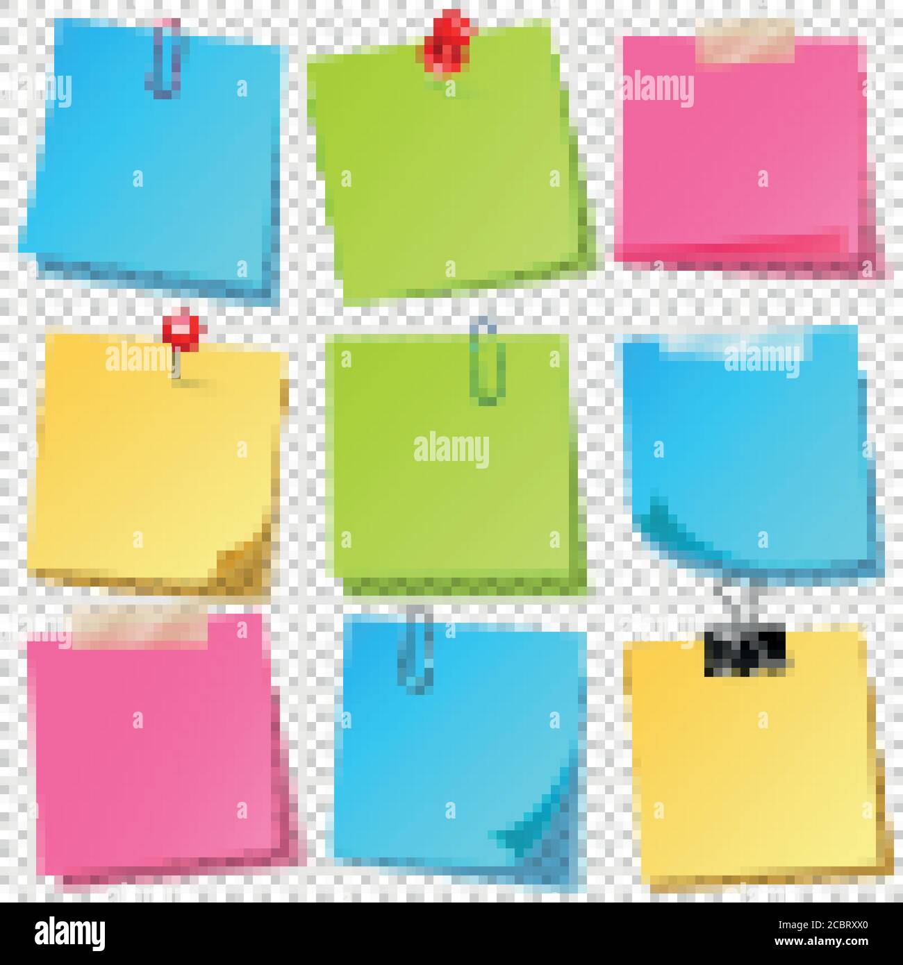 Realistic colorful blank sticky notes with clip binder. Colored sheets ...