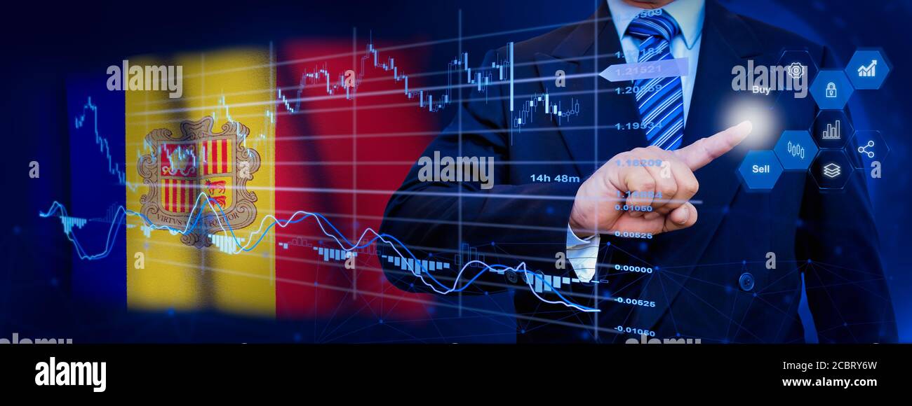 Businessman touching data analytics process system with KPI financial charts, dashboard of stock and marketing on virtual interface. With Andorra flag Stock Photo