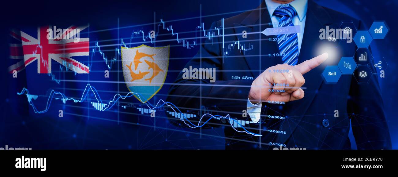 Businessman touching data analytics process system with KPI financial charts, dashboard of stock and marketing on virtual interface. With Anguilla fla Stock Photo