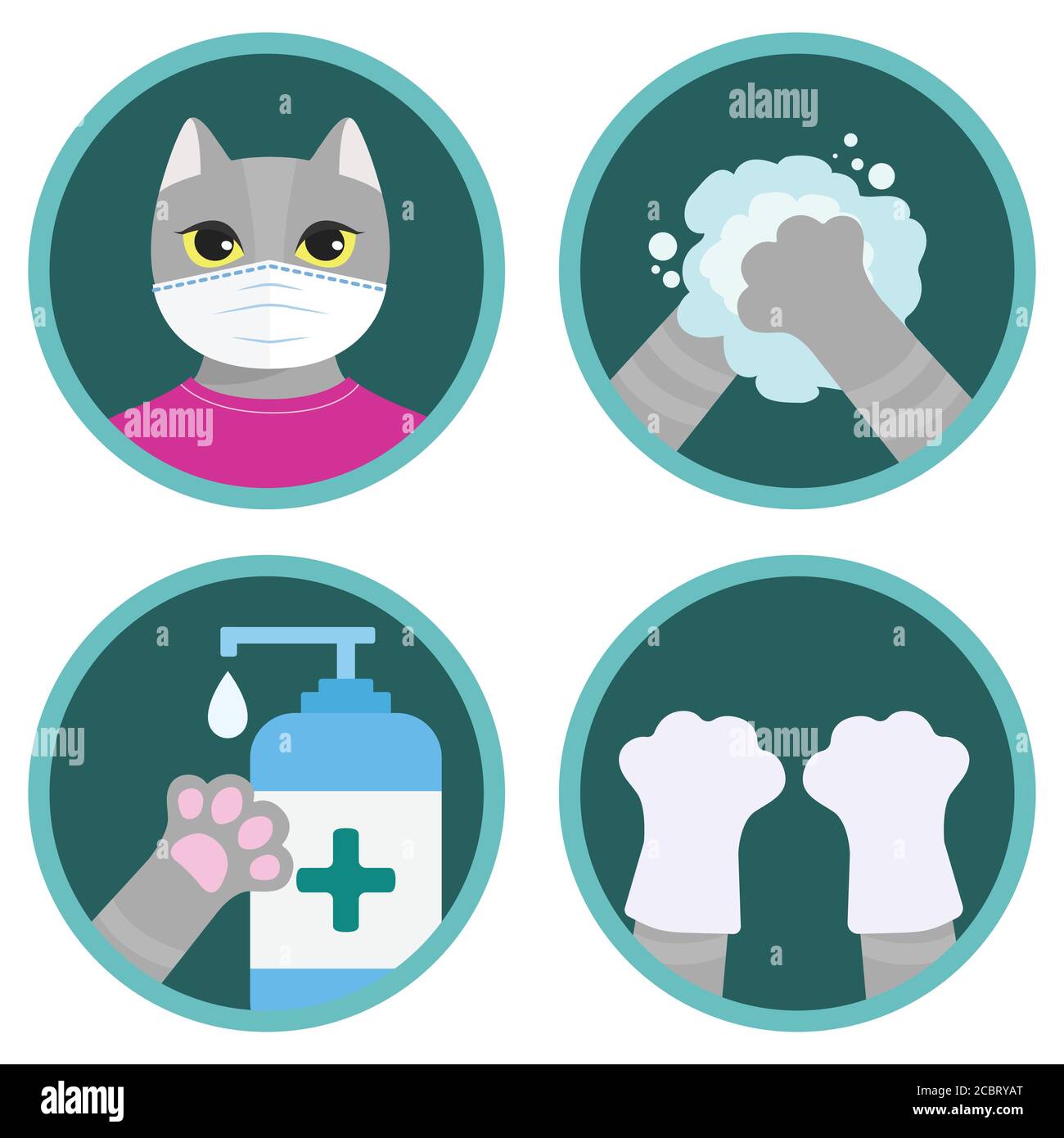 COVID-19 safety measures illustrated by cute cartoon cat. Icons set: wear a mask, wash hands, use sanitizer, wear gloves. Funny instruction for kids Stock Vector