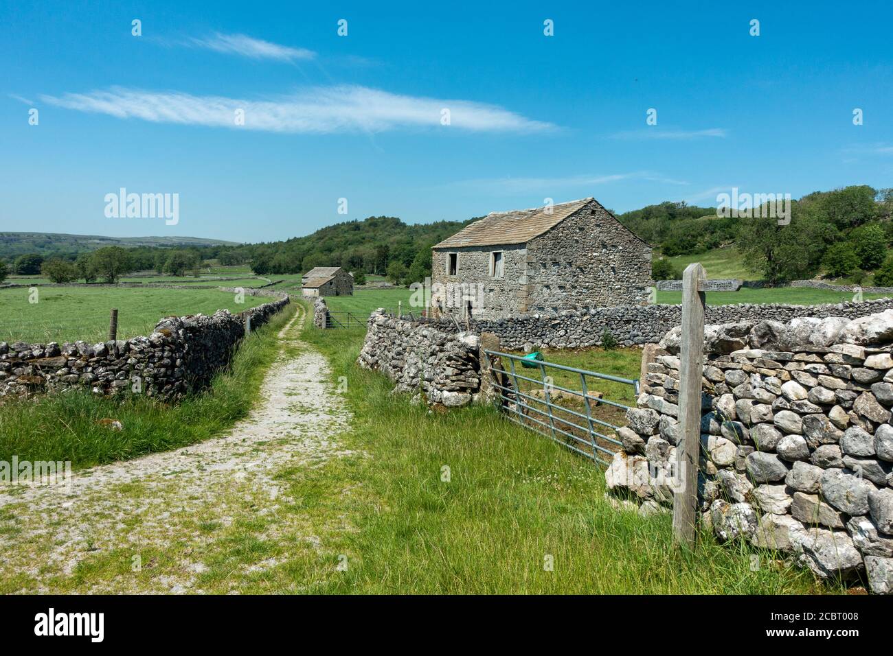 UK landscape: Looking back at Grassington Woods from a limestone walled track with lots of old stone barns in farming pastures on a hot summer's day, Stock Photo