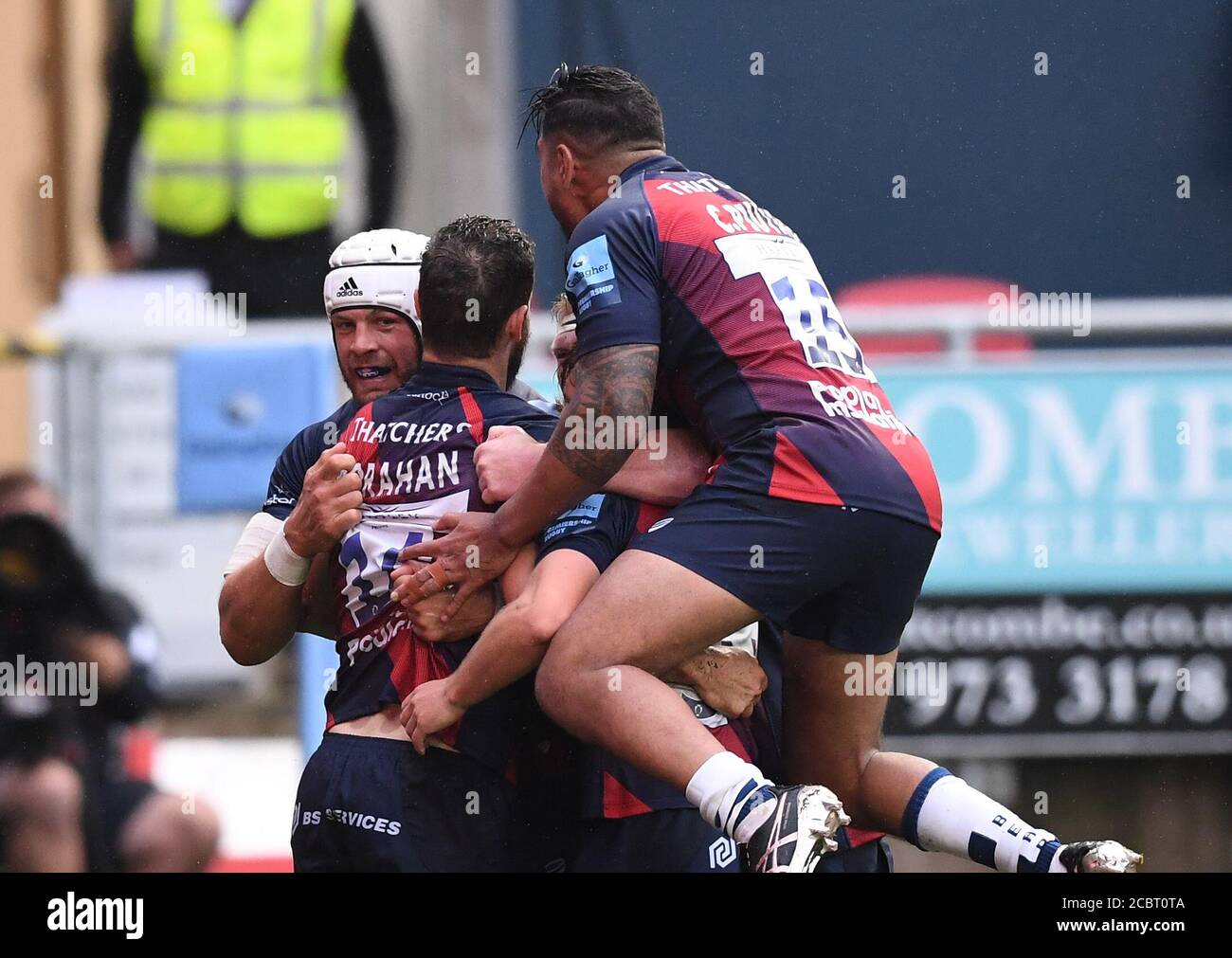 Ashton Gate Stadium, Bristol, UK. 15th Aug, 2020. Premiership Rugby Union, Bristol Bears versus Saracens;Bristol Bears players celebrate but the try is disallowed for a previous offence Credit: Action Plus Sports/Alamy Live News Stock Photo