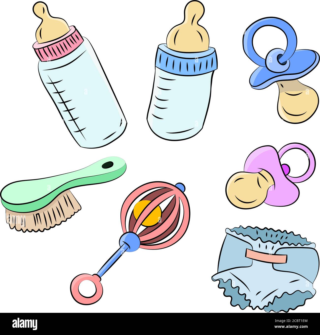 Cartoon vector illustration of baby feeding bottles, pacifiers and diapers Stock Vector